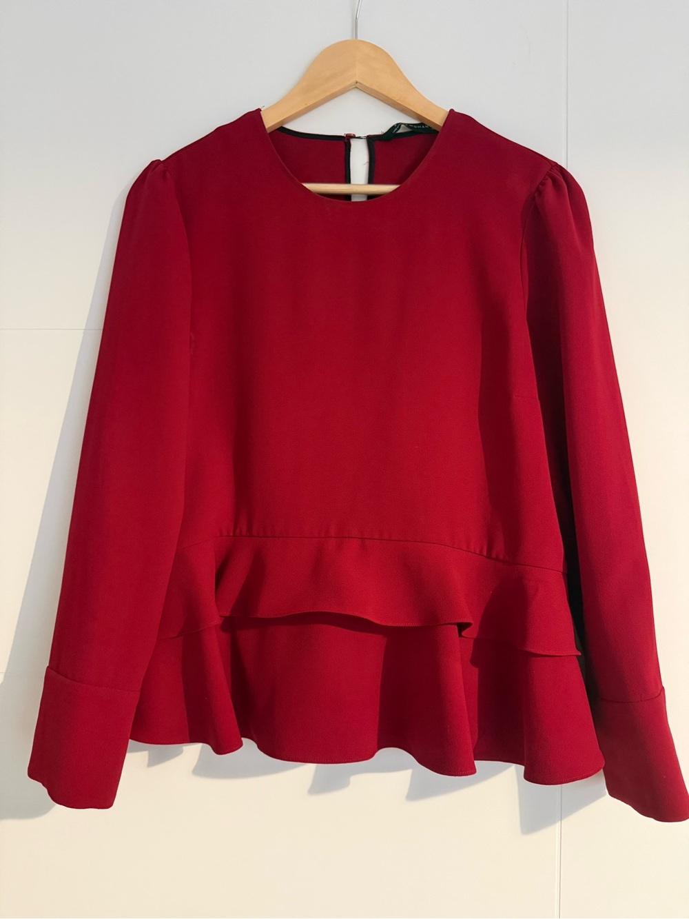 Zara Deep Red Ruffle-Peplum Long Sleeve Blouse